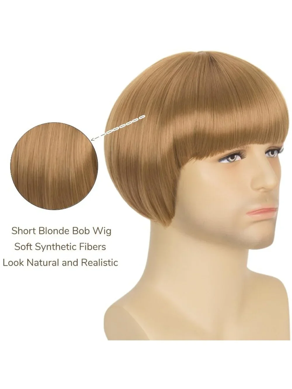 Men's Blonde Retro Bowl Cut Straight Synthetic Mushroom Hairpiece Bangs Wig
